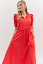 Load image into Gallery viewer, NEWEST ARRIVAL Red Puff Sleeve Quarter Zip Midi Dress
