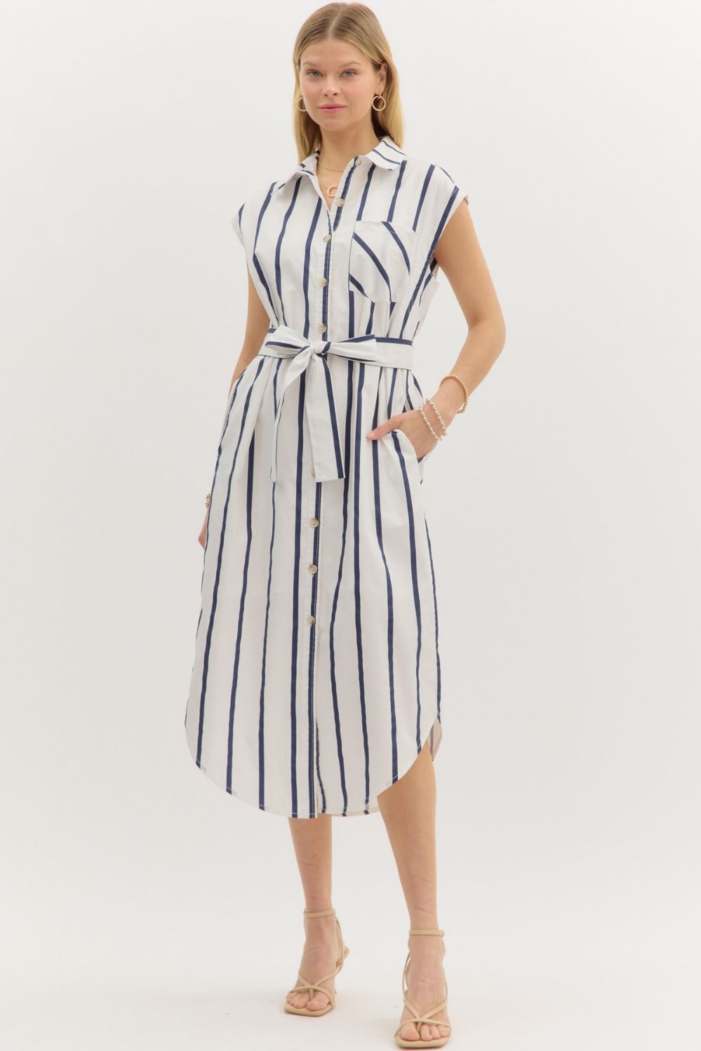 White/Navy Striped Button Down Midi Dress