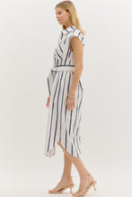 Load image into Gallery viewer, White/Navy Striped Button Down Midi Dress

