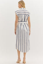 Load image into Gallery viewer, White/Navy Striped Button Down Midi Dress
