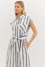 Load image into Gallery viewer, White/Navy Striped Button Down Midi Dress
