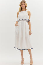 Load image into Gallery viewer, White/Navy Scallop Trim Mid Dress

