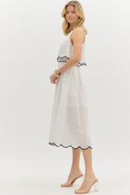 Load image into Gallery viewer, White/Navy Scallop Trim Mid Dress
