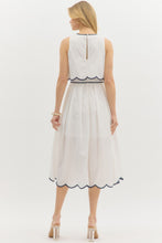 Load image into Gallery viewer, White/Navy Scallop Trim Mid Dress
