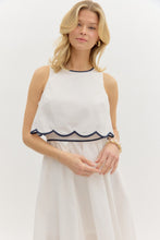 Load image into Gallery viewer, White/Navy Scallop Trim Mid Dress
