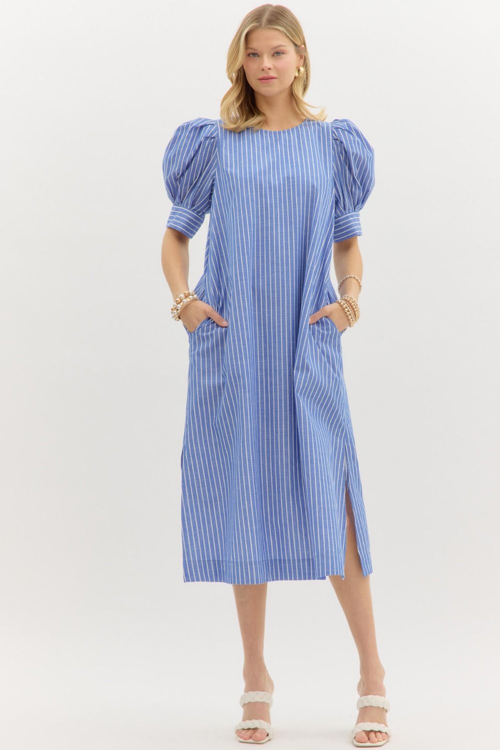 LAST ONE FINAL SALE Blue Pin Striped Puff Sleeve Midi Dress