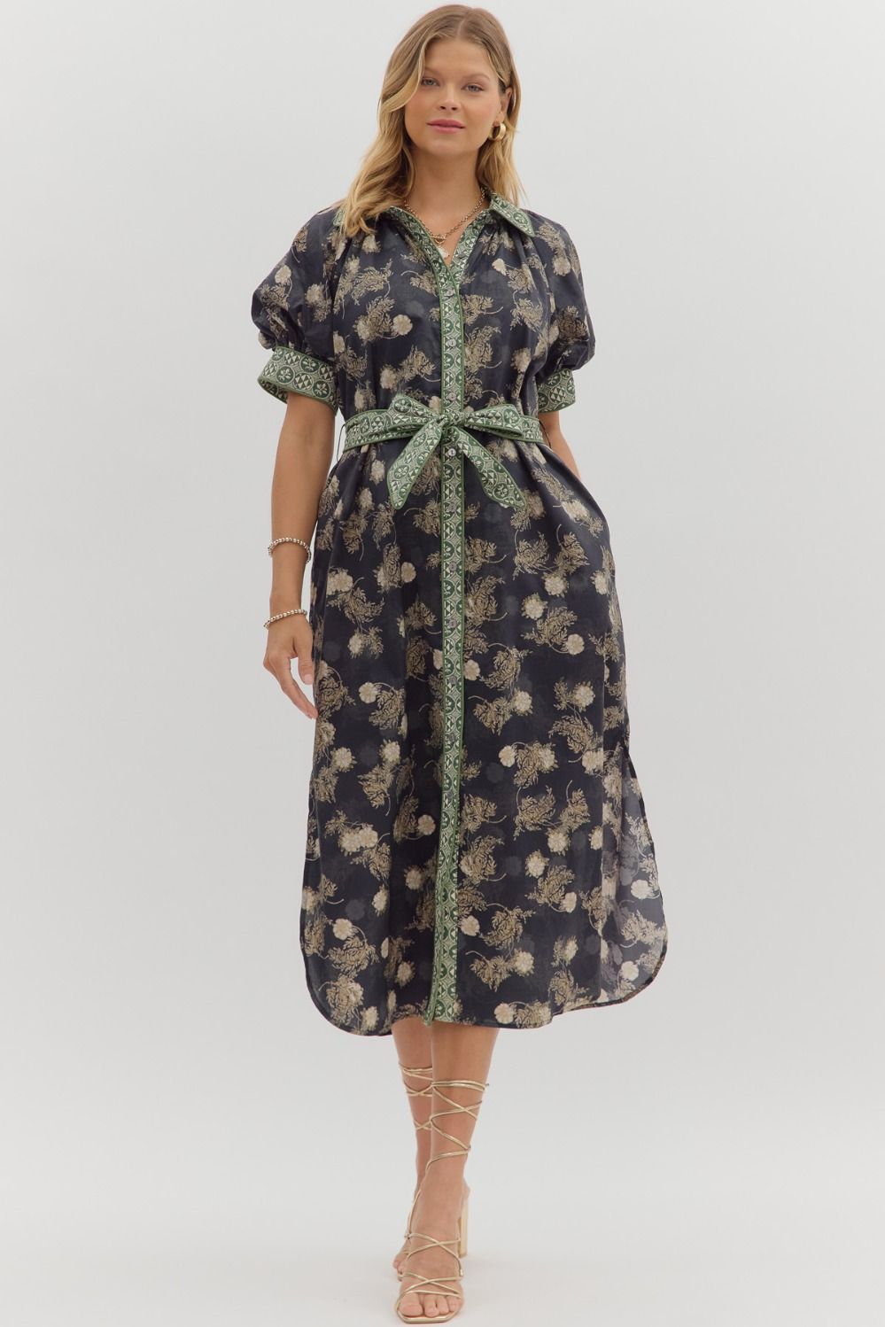 NEWEST ARRIVAL Navy/Green Floral Print Button Down Midi Dress