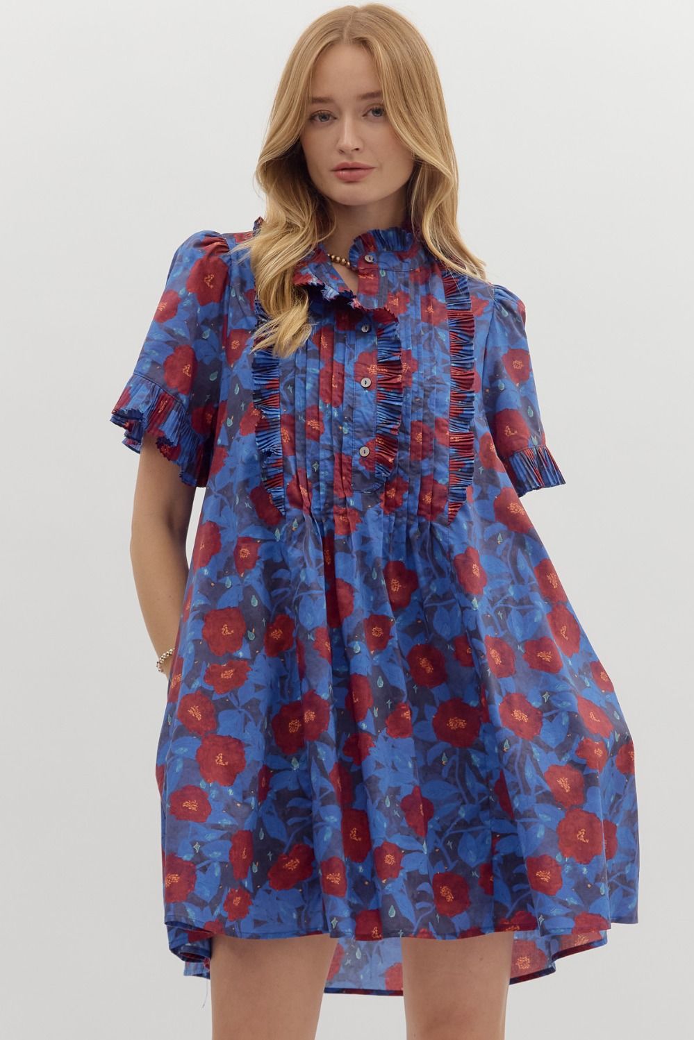 NEWEST ARRIVAL Midnight Blue/Red Floral  Button Front Dress