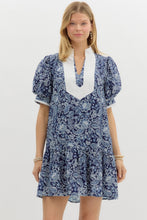 Load image into Gallery viewer, NEWEST ARRIVAL Navy Collar Trim Paisley Print Dress
