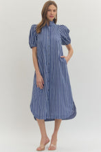 Load image into Gallery viewer, NEWEST ARRIVAL Blue Striped Button Down Midi Dress
