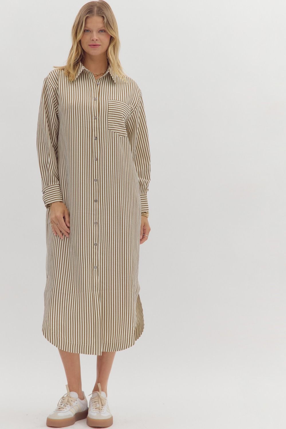 NEWEST ARRIVAL Brown Stripe Button Down Midi Dress