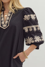 Load image into Gallery viewer, NEWEST ARRIVAL Black Ivory Embroidered Puff Sleeve Dress

