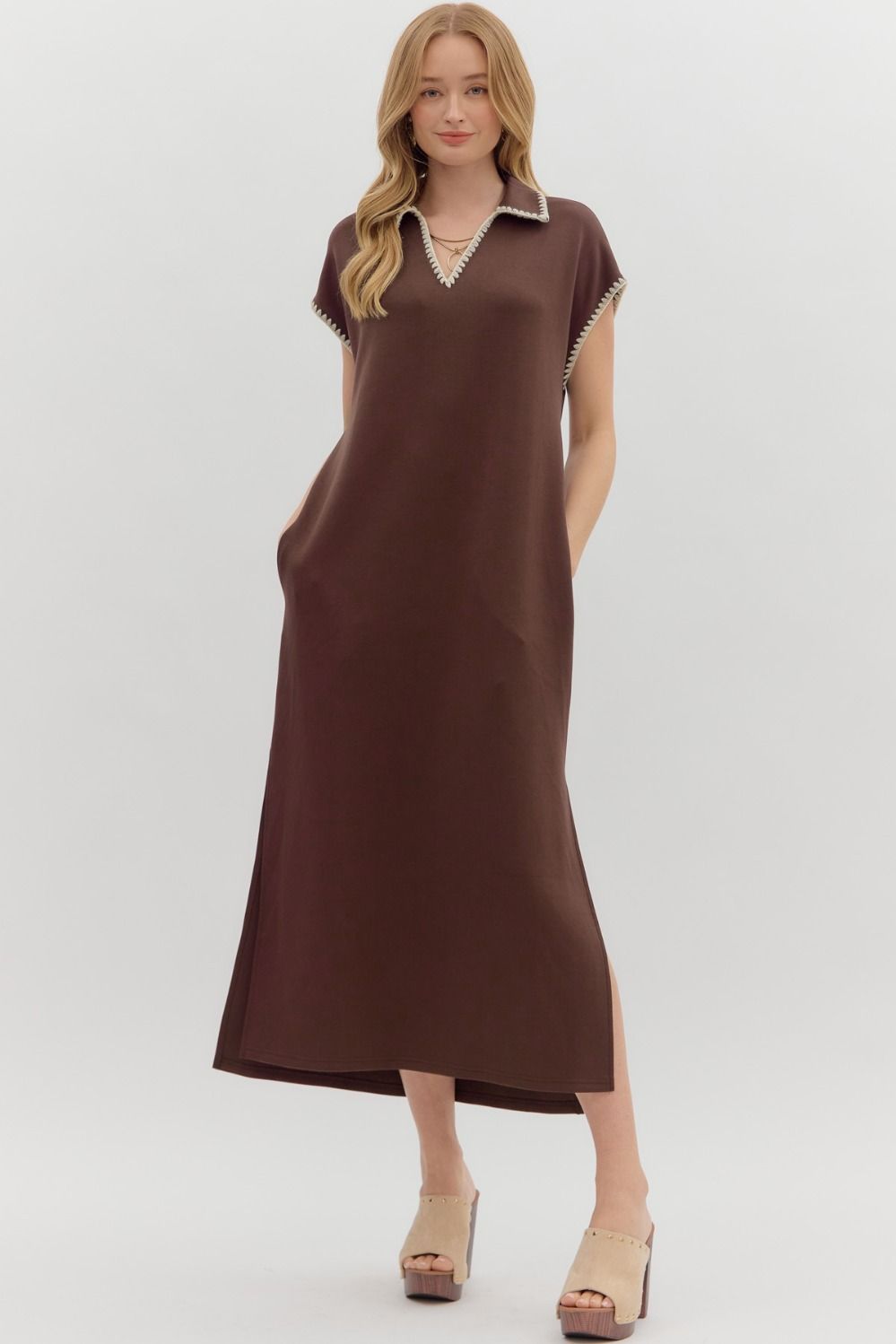 NEWEST ARRIVAL Brown Jersey Spread Collar Midi Dress
