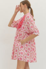 Load image into Gallery viewer, NEWEST ARRIVAL Pink/Red Mixed Print Yoke Tie Dress
