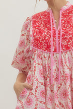 Load image into Gallery viewer, NEWEST ARRIVAL Pink/Red Mixed Print Yoke Tie Dress
