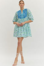Load image into Gallery viewer, SPRING 2026 Blue/Green Mixed Print Yoke Tie Dress
