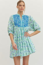 Load image into Gallery viewer, SPRING 2026 Blue/Green Mixed Print Yoke Tie Dress
