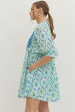 Load image into Gallery viewer, SPRING 2026 Blue/Green Mixed Print Yoke Tie Dress
