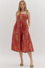 Load image into Gallery viewer, LAST ONE Wine Floral Shoulder Tie Midi Dress
