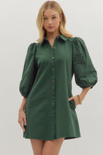 Load image into Gallery viewer, NEWEST ARRIVAL Hunter Green Eyelet Sleeve Button Down Dress
