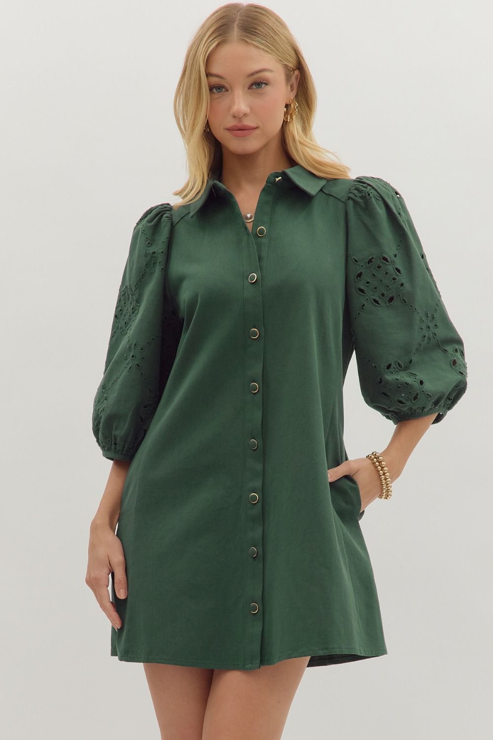 NEWEST ARRIVAL Hunter Green Eyelet Sleeve Button Down Dress