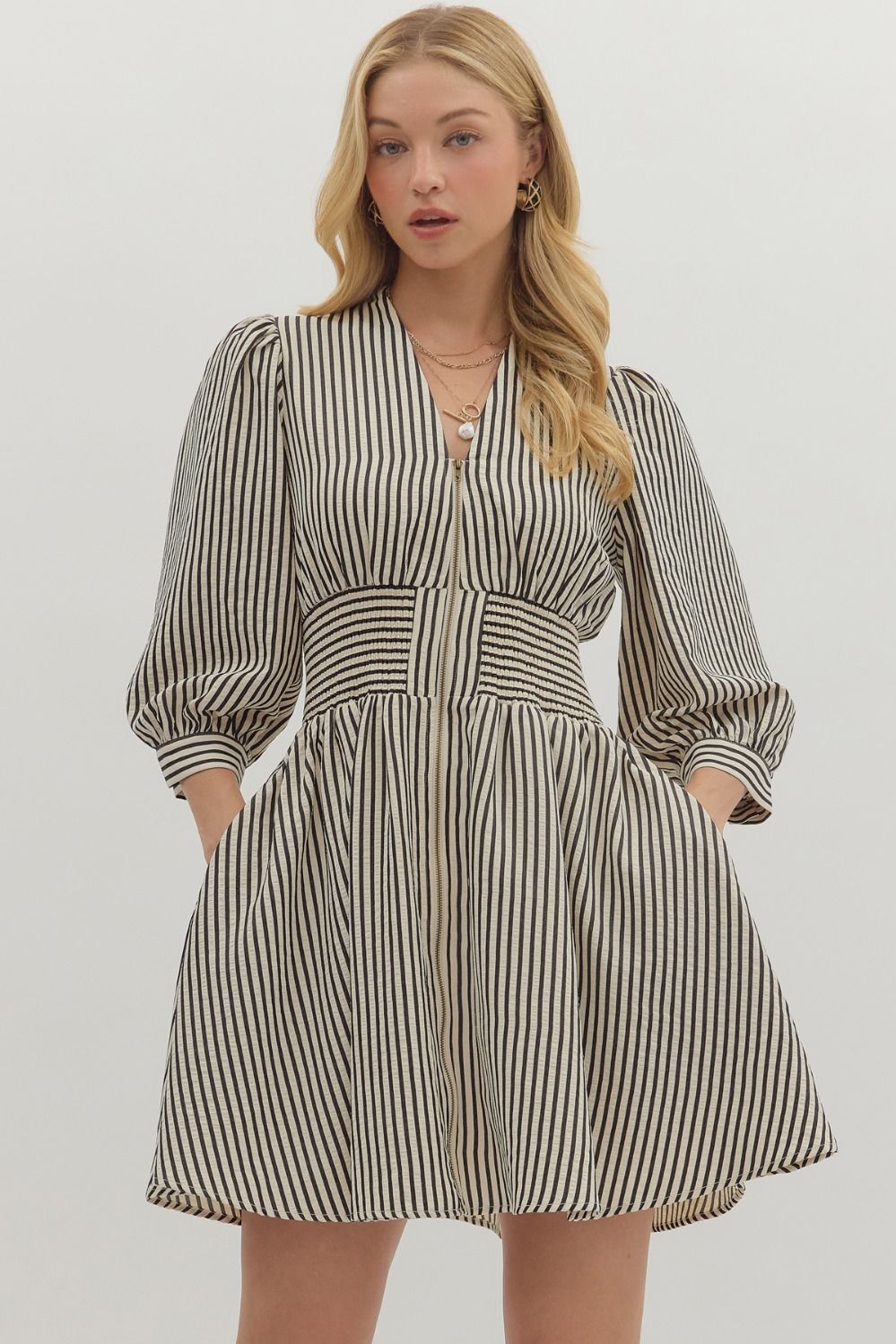 NEWEST ARRIVAL Black Striped Zipper Front Dress