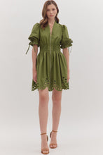 Load image into Gallery viewer, NEWEST ARRIVAL Olive Puff Sleeve Eyelet Zipper Front Dress
