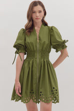 Load image into Gallery viewer, NEWEST ARRIVAL Olive Puff Sleeve Eyelet Zipper Front Dress
