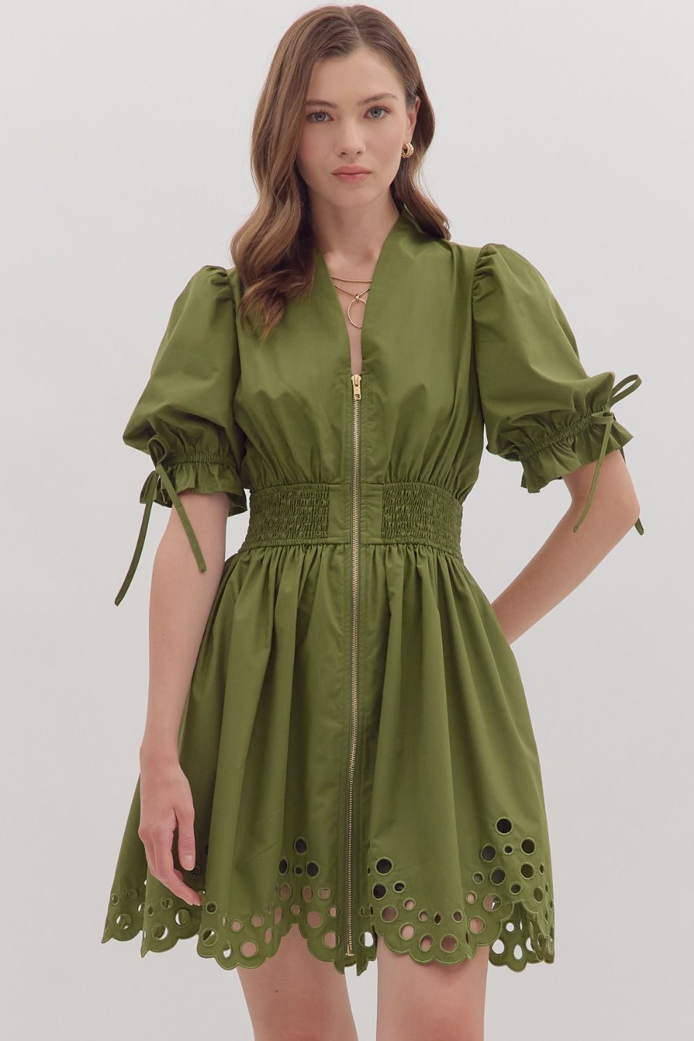 NEWEST ARRIVAL Olive Puff Sleeve Eyelet Zipper Front Dress