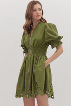 Load image into Gallery viewer, NEWEST ARRIVAL Olive Puff Sleeve Eyelet Zipper Front Dress
