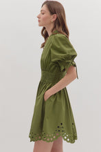 Load image into Gallery viewer, NEWEST ARRIVAL Olive Puff Sleeve Eyelet Zipper Front Dress
