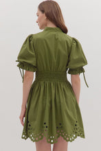 Load image into Gallery viewer, NEWEST ARRIVAL Olive Puff Sleeve Eyelet Zipper Front Dress
