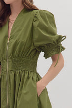 Load image into Gallery viewer, NEWEST ARRIVAL Olive Puff Sleeve Eyelet Zipper Front Dress
