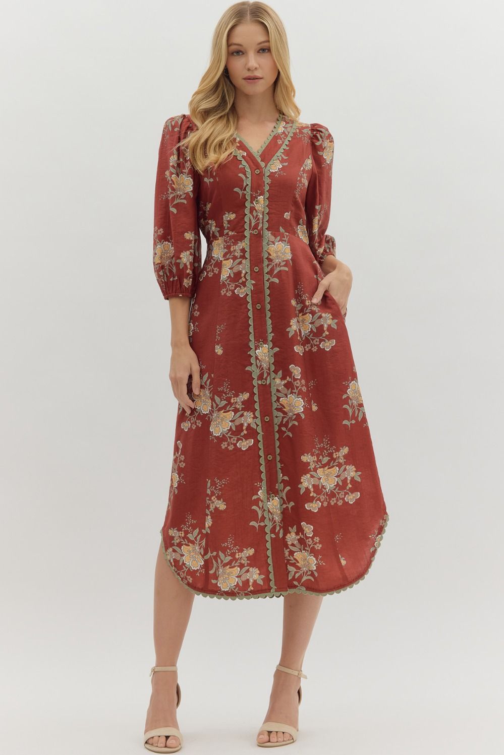 NEWEST ARRIVAL Rust Burgundy Floral Midi Dress