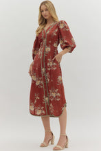 Load image into Gallery viewer, NEWEST ARRIVAL Rust Burgundy Floral Midi Dress
