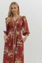Load image into Gallery viewer, NEWEST ARRIVAL Rust Burgundy Floral Midi Dress
