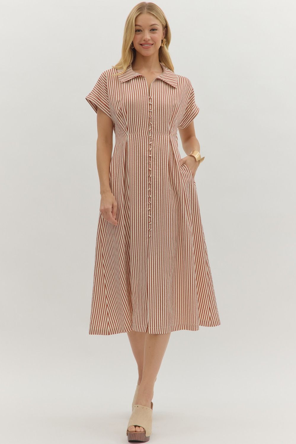 NEWEST ARRIVAL Brick Stripe Short Sleeve Midi Dress