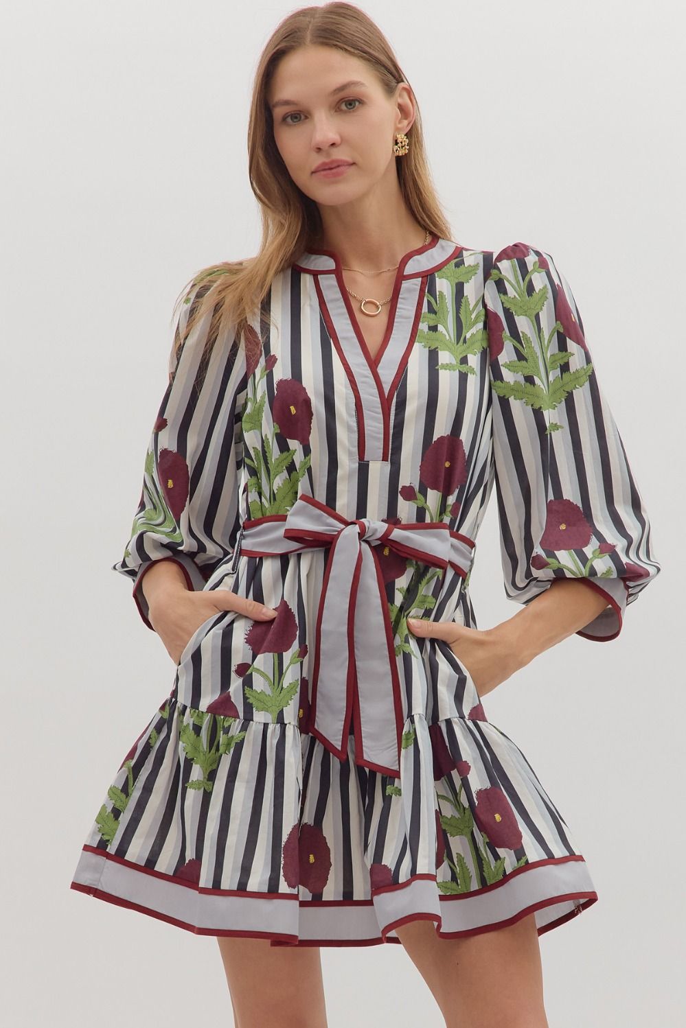 NEWEST ARRIVAL Burgundy Floral Striped Dress