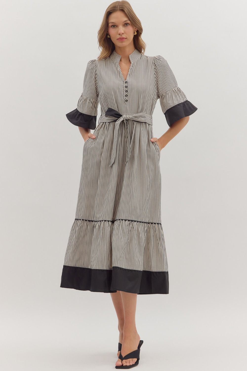 NEWEST ARRIVAL Black Striped Flare Sleeve Midi Dress