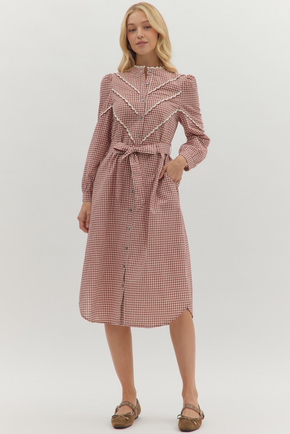 NEWEST ARRIVAL Burgundy Gingham Button Down Midi Dress