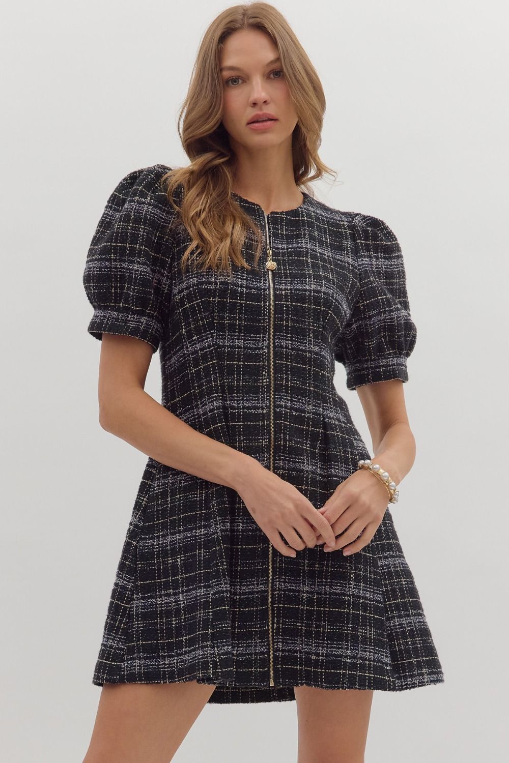 NEWEST ARRIVAL ONLINE ONLY Red/Black Tweed Plaid Zipper Front Dress