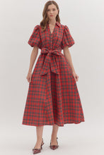 Load image into Gallery viewer, NEWEST ARRIVAL Red or Navy Christmas Plaid Midi Puff Sleeve Dress
