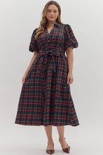 Load image into Gallery viewer, NEWEST ARRIVAL Red or Navy Christmas Plaid Midi Puff Sleeve Dress
