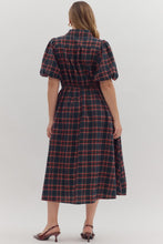 Load image into Gallery viewer, NEWEST ARRIVAL Red or Navy Christmas Plaid Midi Puff Sleeve Dress
