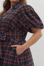 Load image into Gallery viewer, NEWEST ARRIVAL Red or Navy Christmas Plaid Midi Puff Sleeve Dress
