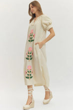 Load image into Gallery viewer, NEWEST ARRIVAL Tan/White Striped Embroidered Flower Midi Dress
