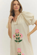 Load image into Gallery viewer, NEWEST ARRIVAL Tan/White Striped Embroidered Flower Midi Dress
