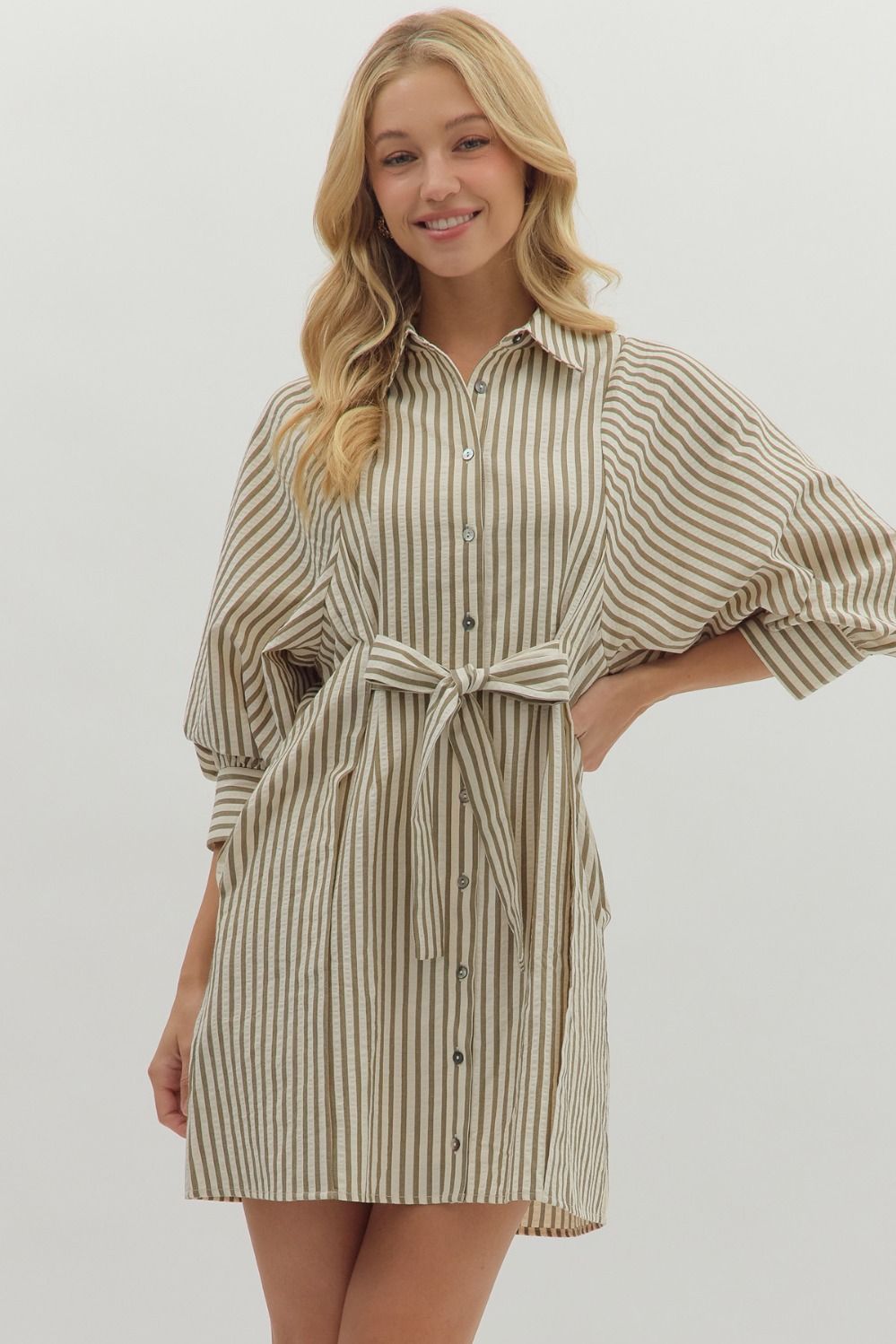 NEWEST ARRIVAL Olive Striped Front Tie Shirt Dress