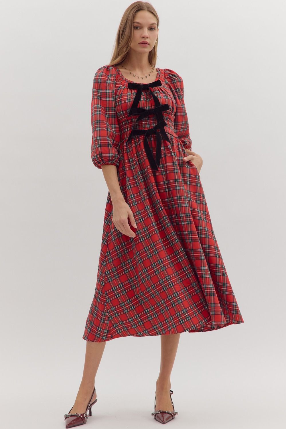 NEWEST ARRIVAL LAST ONE Red Christmas Plaid Black Bow Midi Dress