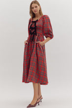 Load image into Gallery viewer, NEWEST ARRIVAL LAST ONE Red Christmas Plaid Black Bow Midi Dress
